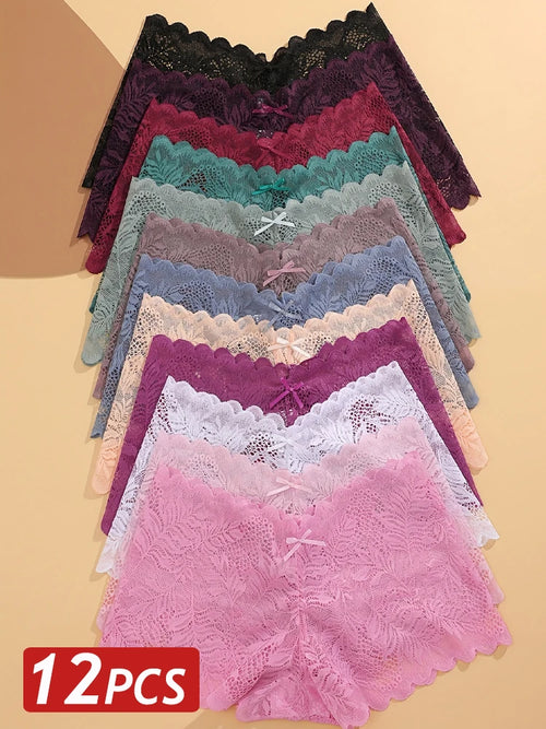 12PCS Women’s Lace Panties Set – V Waist Boyshorts, Low Rise, Breathable Soft Underwear