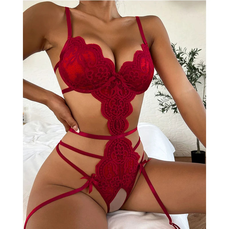 Women Sexy Crotchless Bodysuit Babydoll Lingerie Costume Set See Through Mesh Role Play Outfit