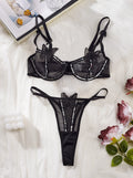 Shiny Beaded Mesh Lingerie Set – Butterfly Embroidery Bra & Panty Two-Piece Set
