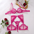 Sexy Women’s Embroidered Shaping Bra 3-Piece Lingerie Set Heart Metal Link Transparent Style