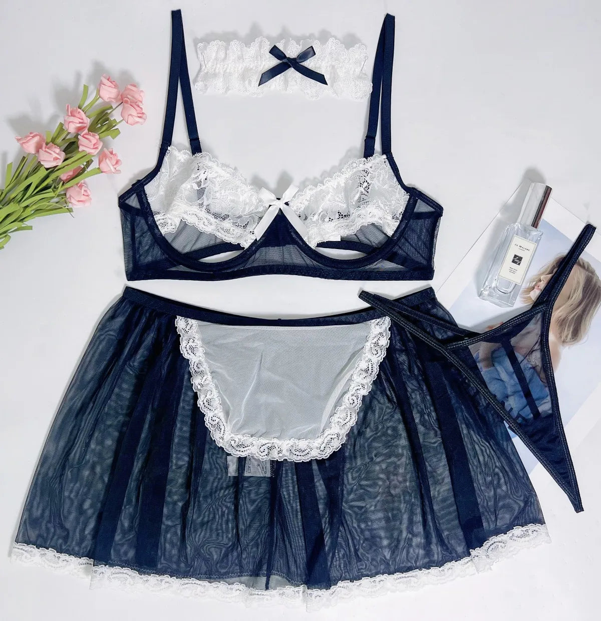 Ellolace Sheer Maid Cosplay Lingerie Set – Open Bra Fantasy Maid Costume
