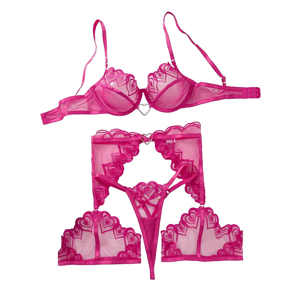 Sexy Women’s Embroidered Shaping Bra 3-Piece Lingerie Set Heart Metal Link Transparent Style