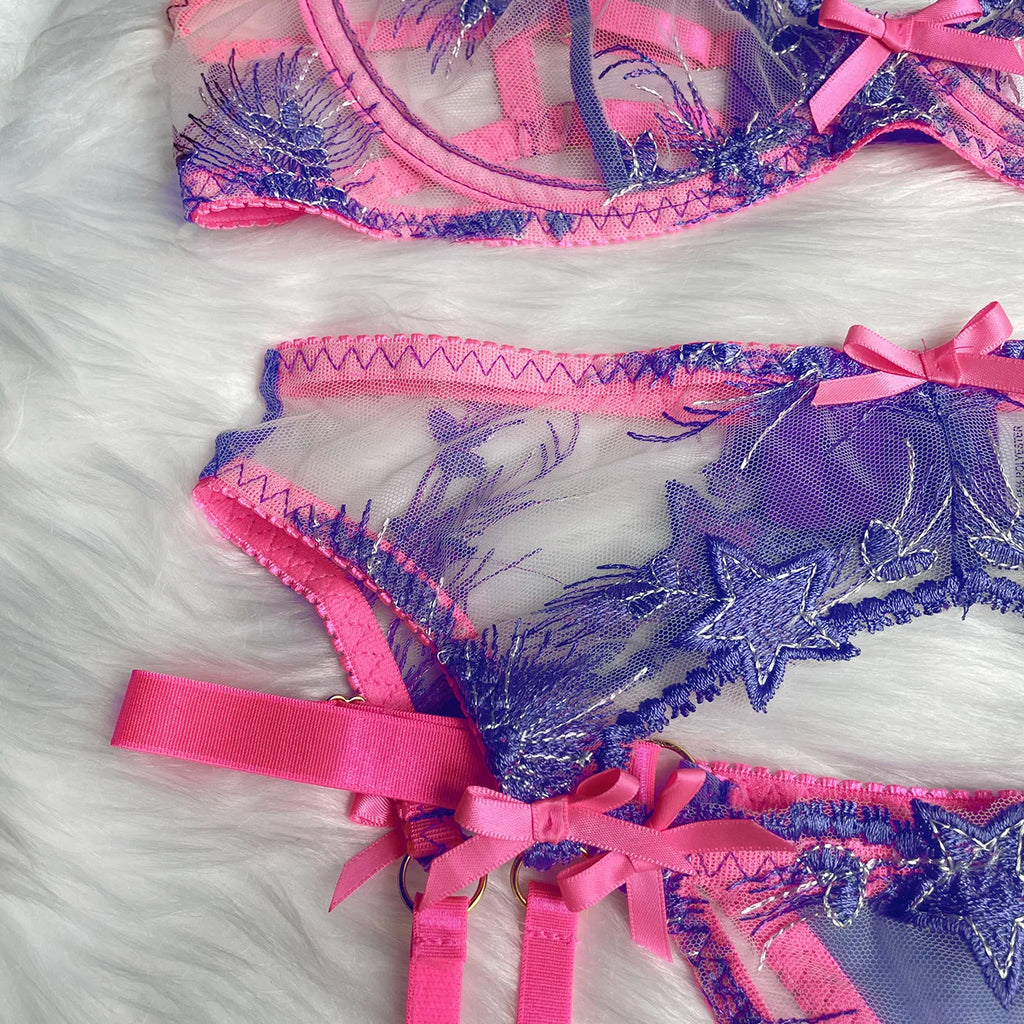 Pink Floral Lace Lingerie Set – Sheer Garter & Luxury Underwear for Women