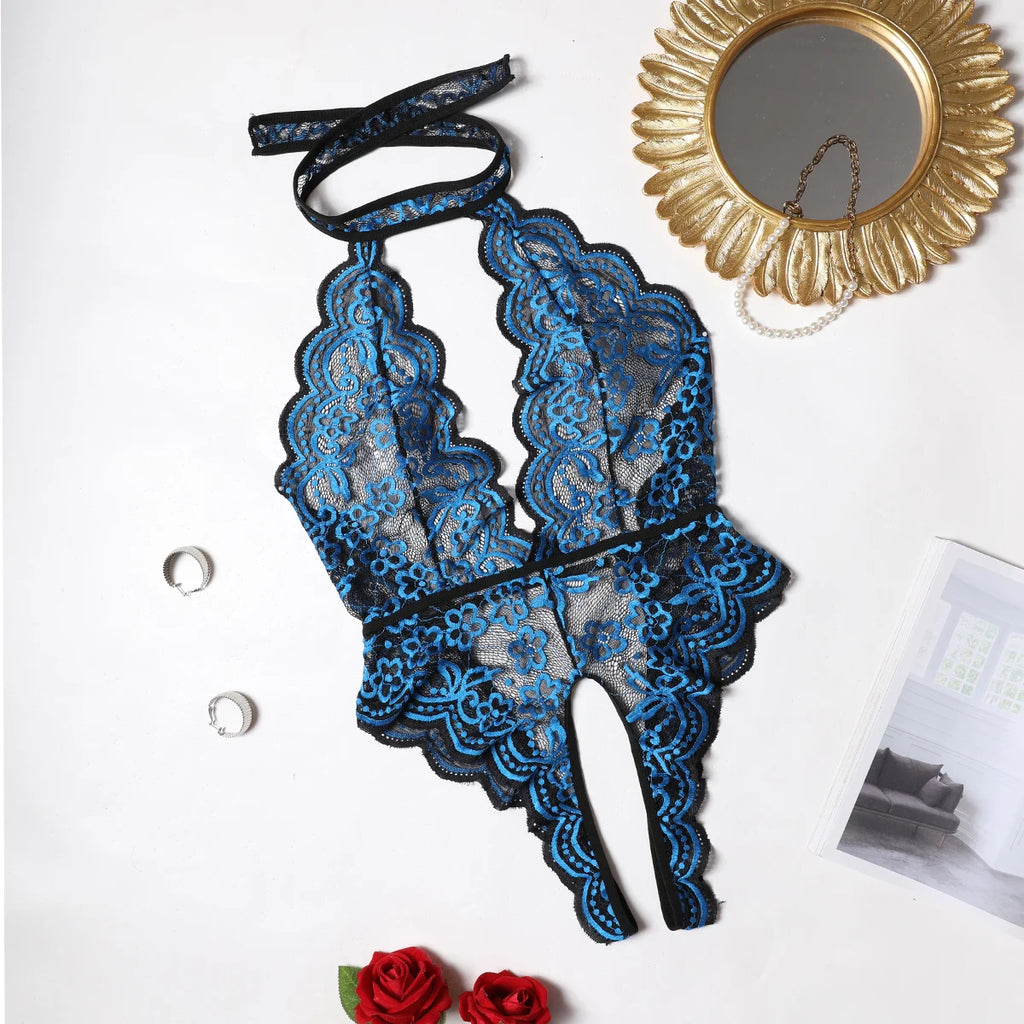 Women’s Blue Lace Babydoll – Sheer Hollow Halter Bodysuit Nightwear