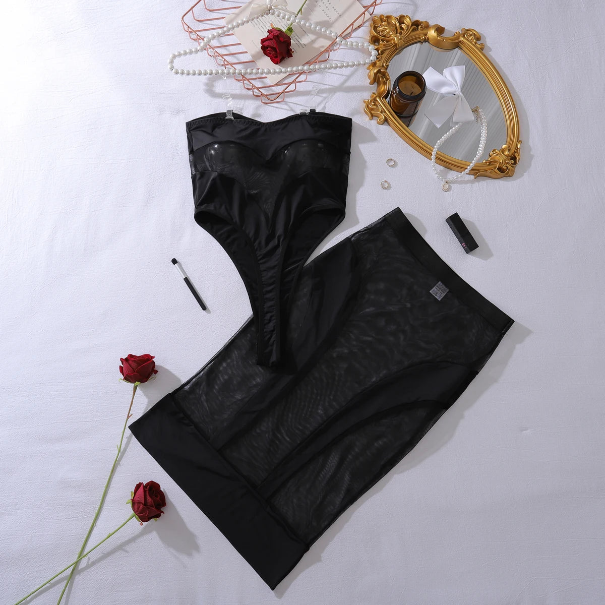 Sheer Mesh Jumpsuit & Skirt Set