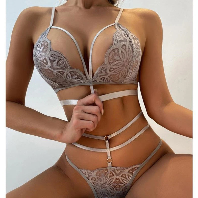 Transparent Lace Bra and Panty Set Women Deep V-Neck Teddy Lingerie Set Sexy Underwear