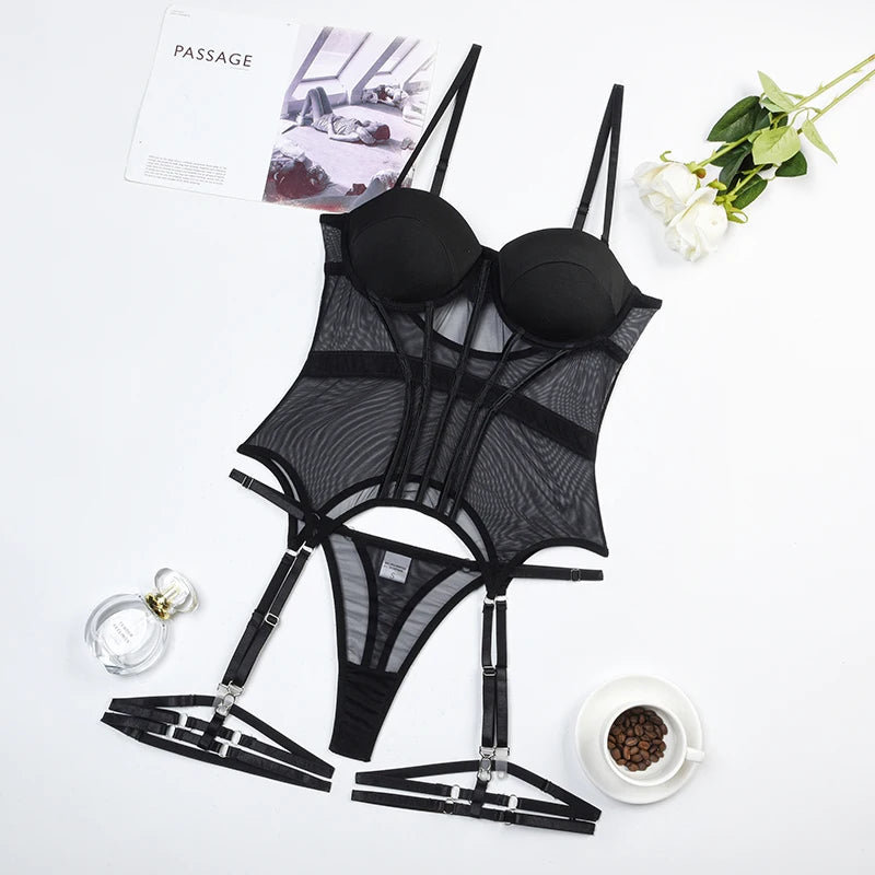 Sexy Women’s Mesh Bodysuit 3-Piece Lingerie Set Backless Garter Style Lingerie Dress