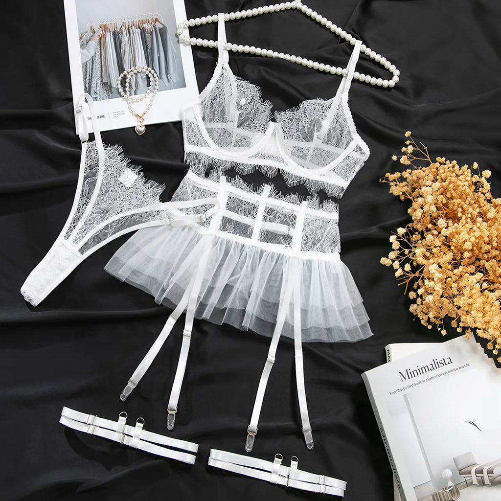 Lace Tulle 3-Piece Lingerie Set with Garters