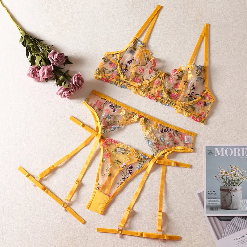 Sexy Lace Embroidery 3-Piece Lingerie Set