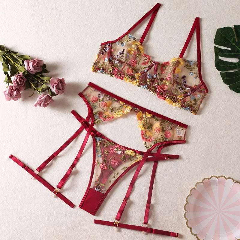 Sexy Lace Embroidery 3-Piece Lingerie Set