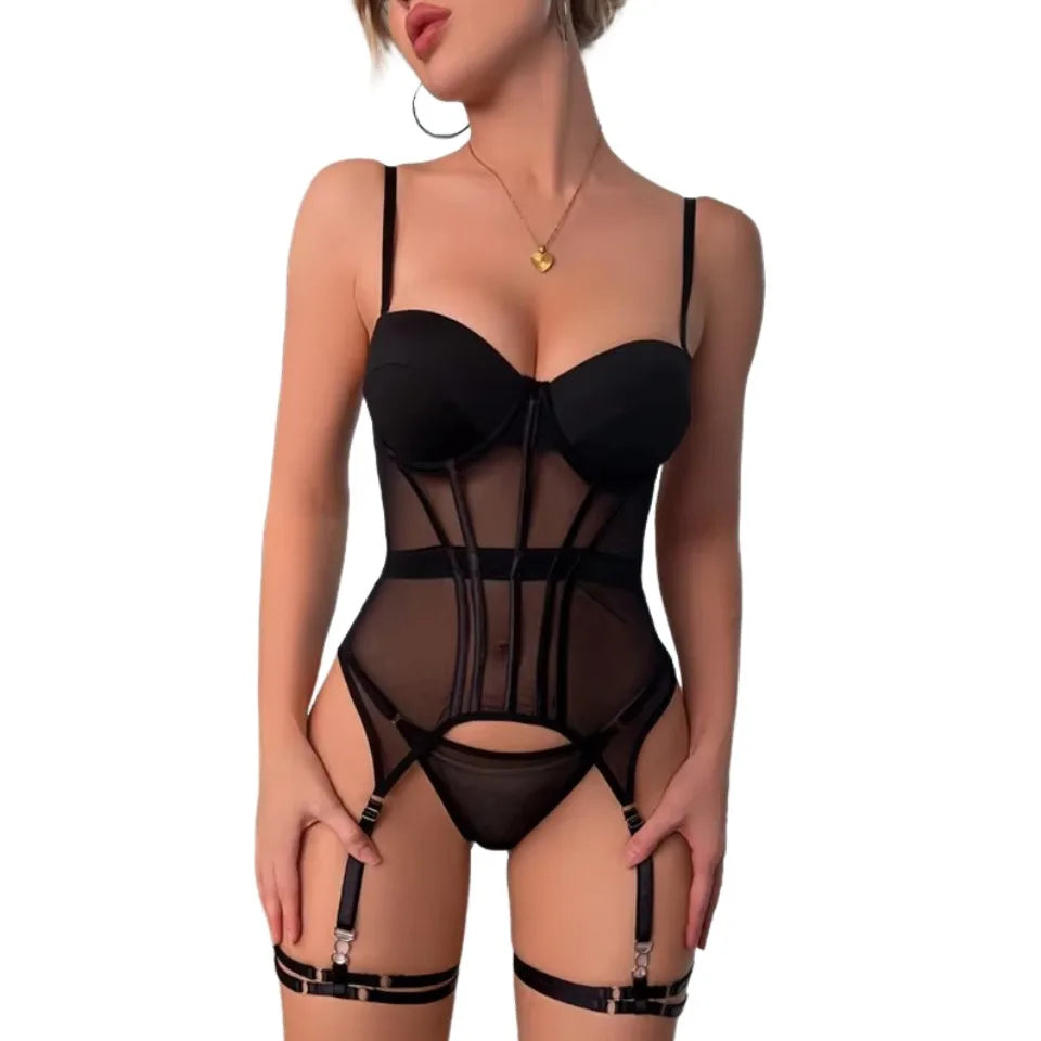 Mesh Lingerie Bodysuit Backless Top & 3-Piece Garter Set Sexy Women’s Intimate Wear