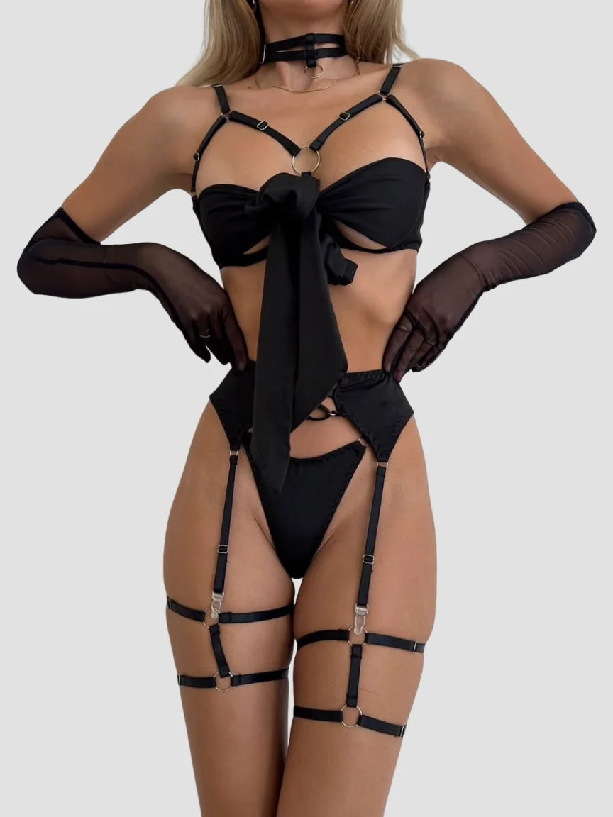 Sexy Bowknot Lingerie Set – Silk Open Bra with Garter & Thong, Intimate Outfit