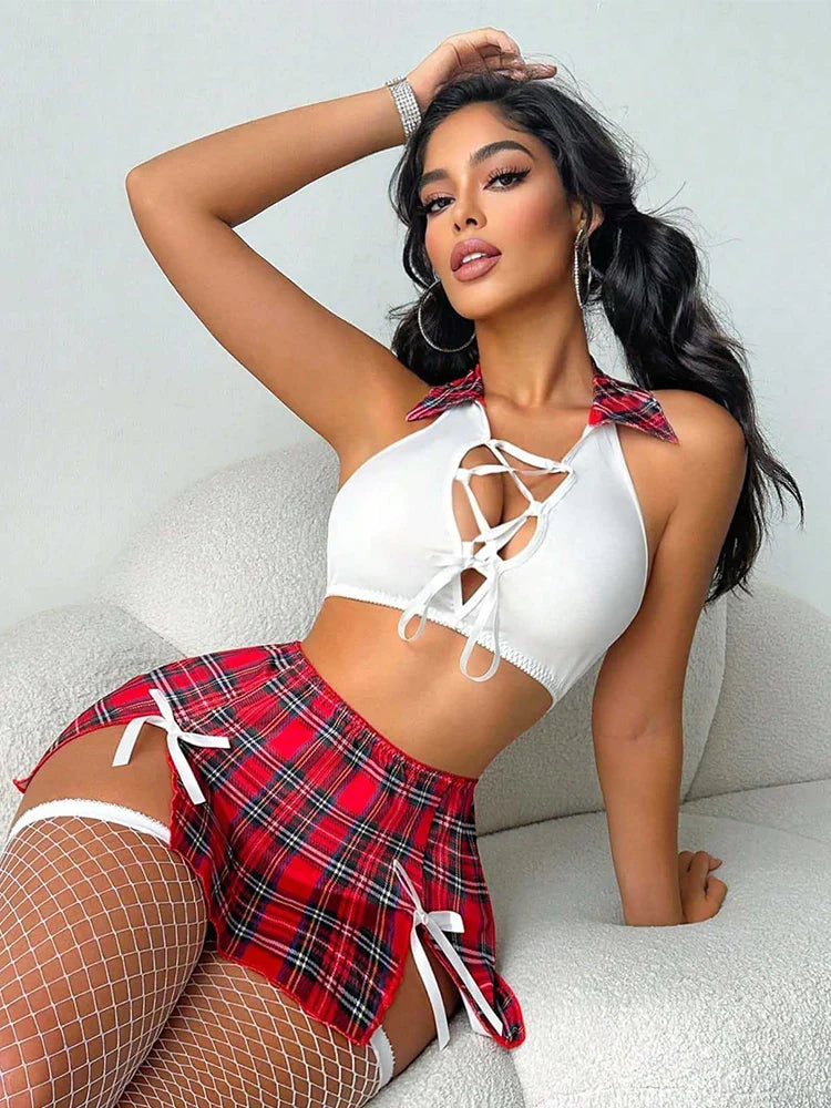 Red Plaid Student Roleplay Lingerie Set – 2 Piece Halter Top & Mini Skirt