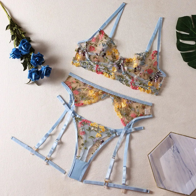 Sexy Lace Embroidery 3-Piece Lingerie Set