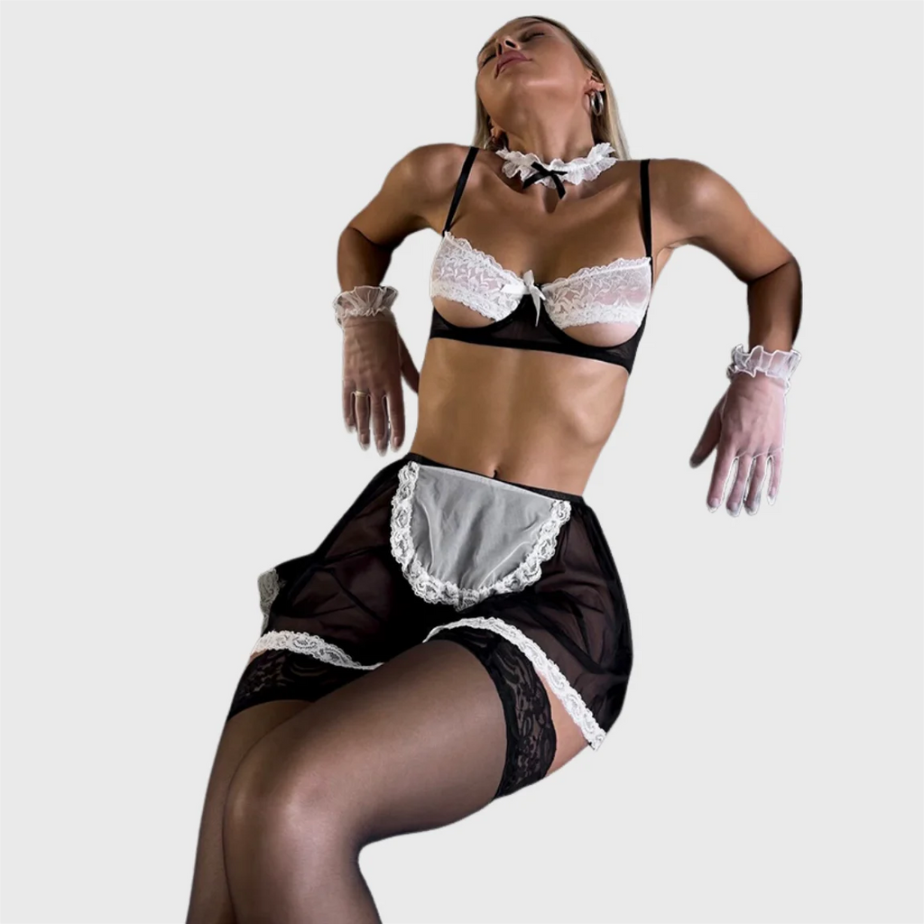 Ellolace Sheer Maid Cosplay Lingerie Set – Open Bra Fantasy Maid Costume