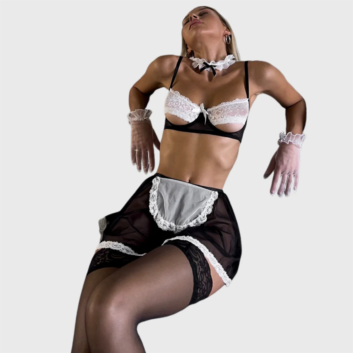 Ellolace Sheer Maid Cosplay Lingerie Set – Open Bra Fantasy Maid Costume