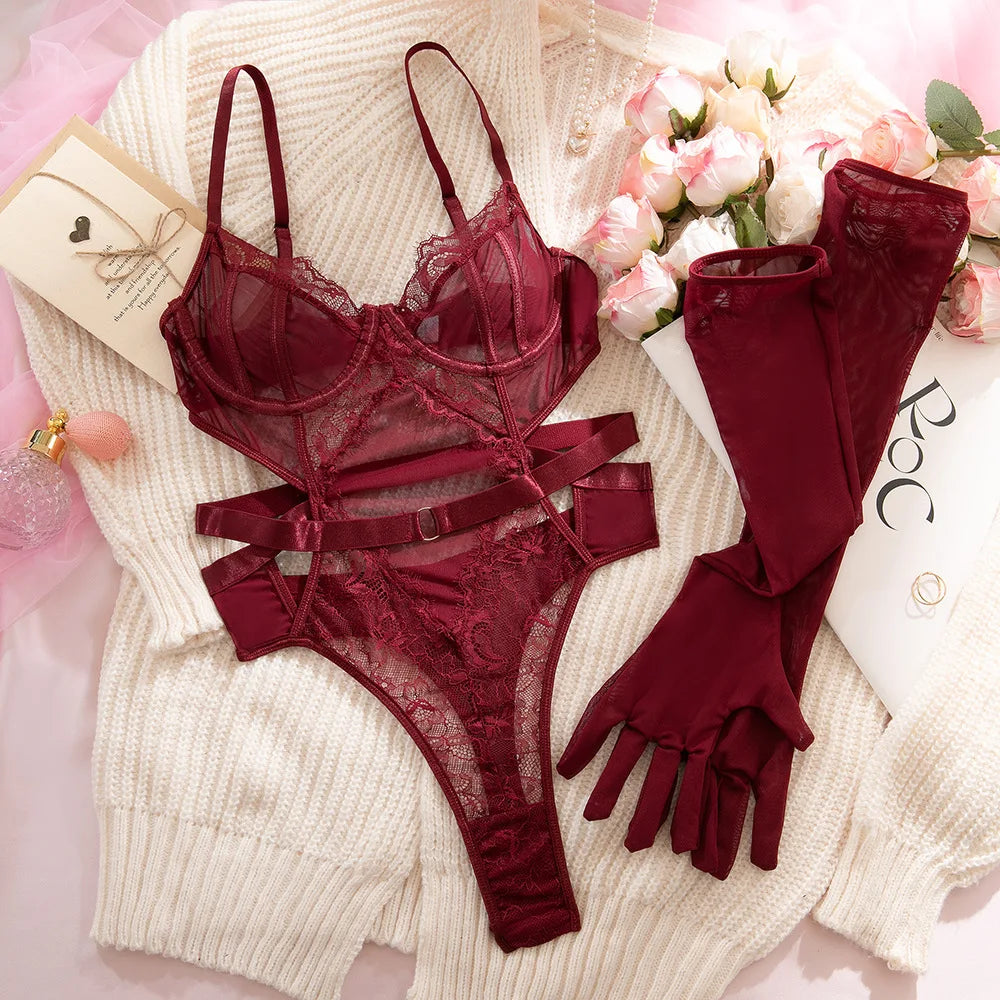 Elegant Lace Bodysuit Lingerie Set with Gloves for Women