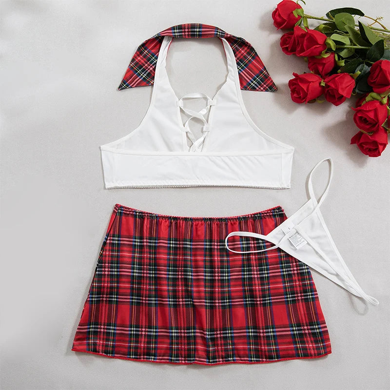 Red Plaid Student Roleplay Lingerie Set – 2 Piece Halter Top & Mini Skirt