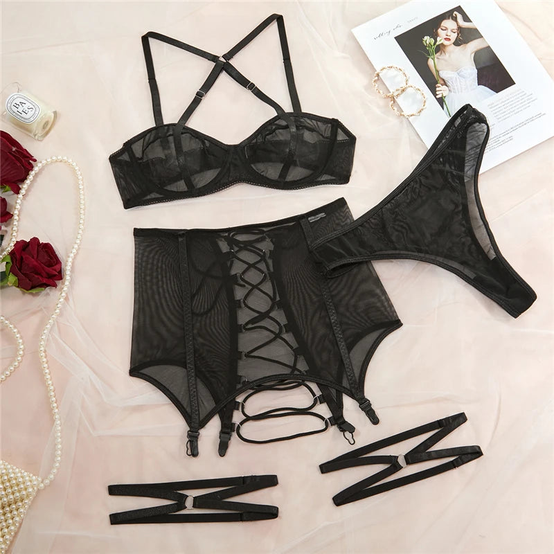 Women’s Lace Lingerie Set Sheer Mesh Wire-Free Bra & Garter Panty Set