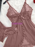 Sexy Lace Mesh V-Neck Backless Sheer Lingerie Dress Set Women Homewear All Season