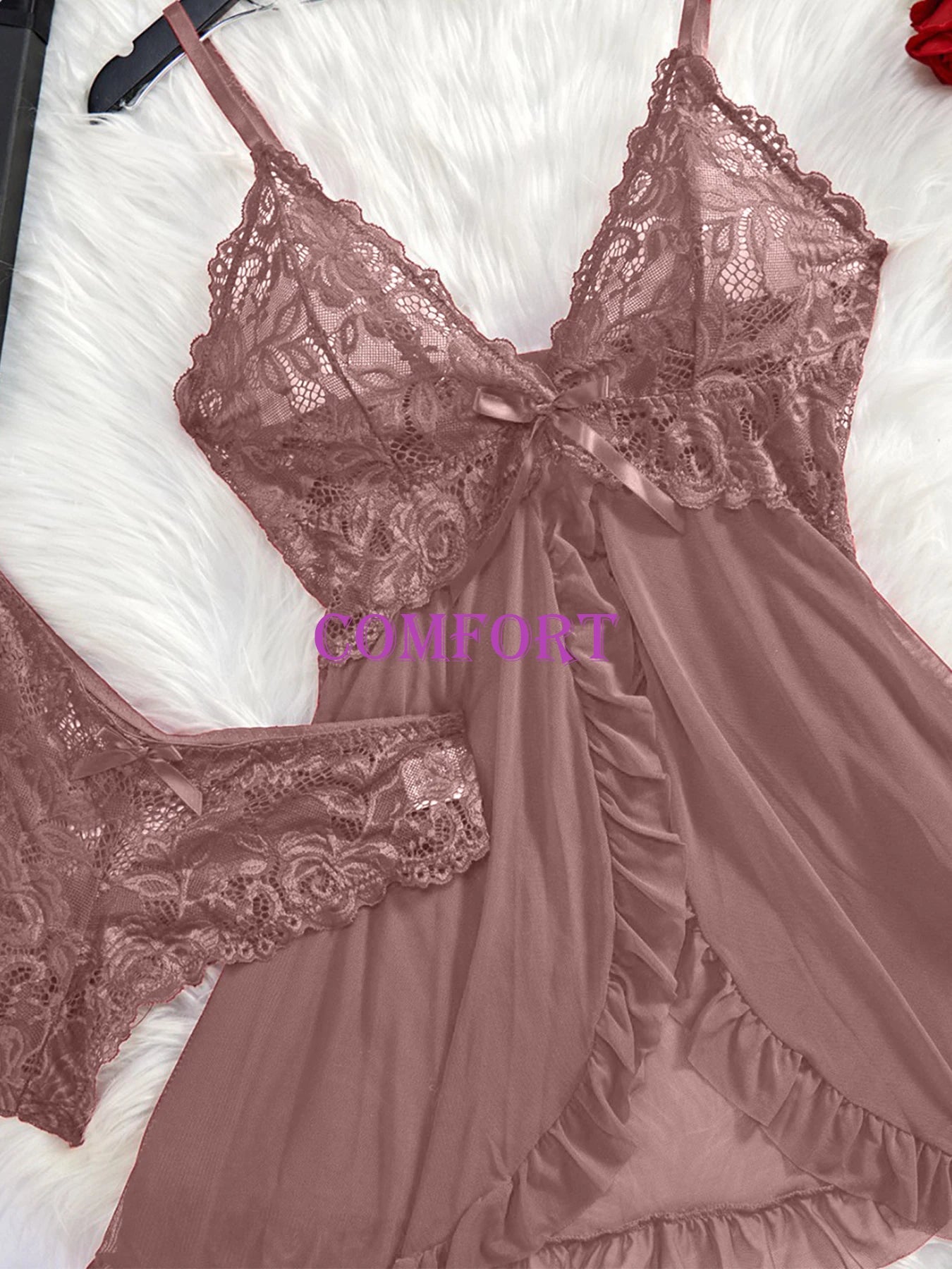 Sexy Lace Mesh V-Neck Backless Sheer Lingerie Dress Set Women Homewear All Season