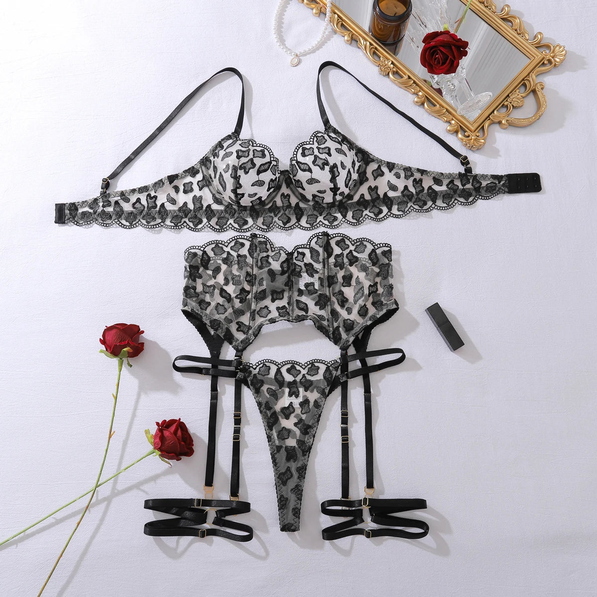 French Lace Embroidered Bra Set – Sheer Steel Ring Support Lingerie