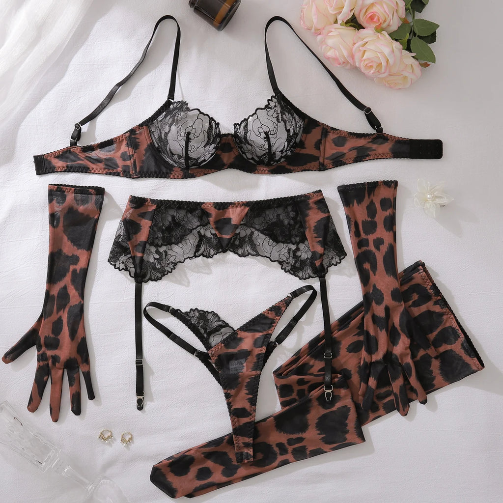 Leopard Lace Lingerie Set with Gloves & Stockings