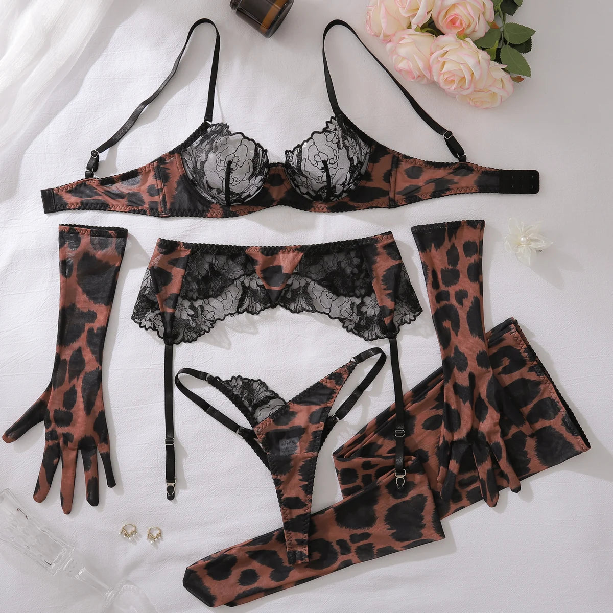 Leopard Lace Lingerie Set with Gloves & Stockings