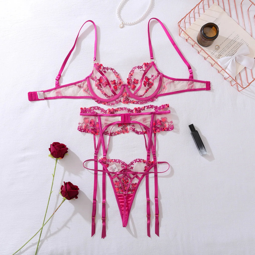 Embroidered Mesh Lingerie Set – Bra, Garter Belt & Thong