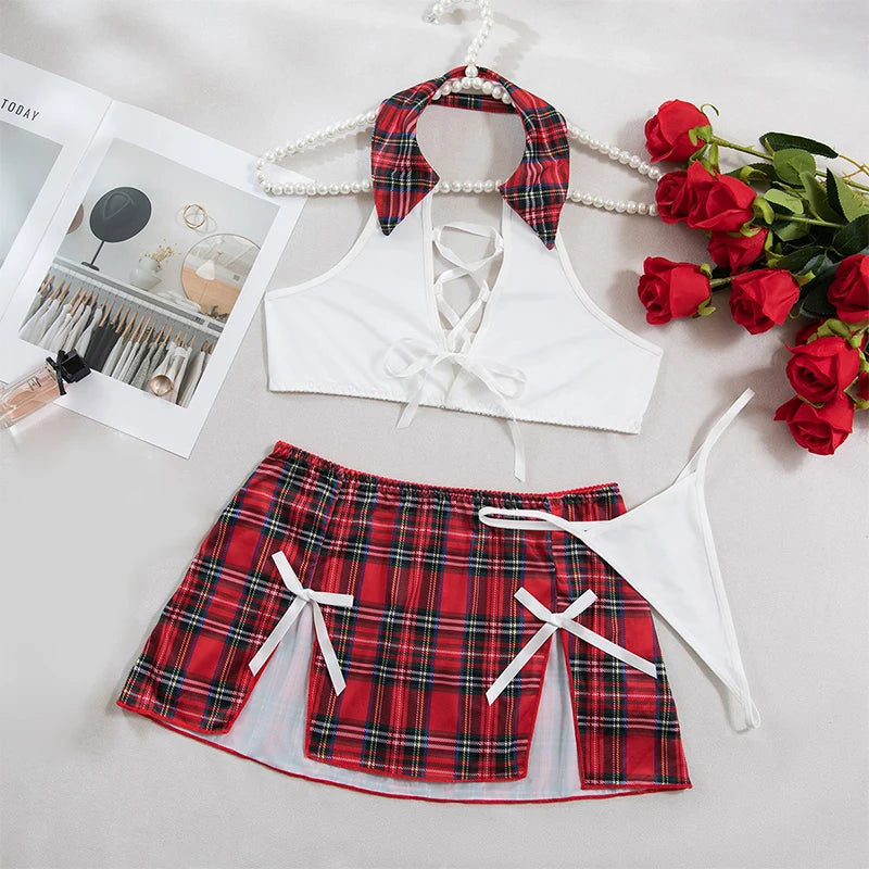 Red Plaid Student Roleplay Lingerie Set – 2 Piece Halter Top & Mini Skirt