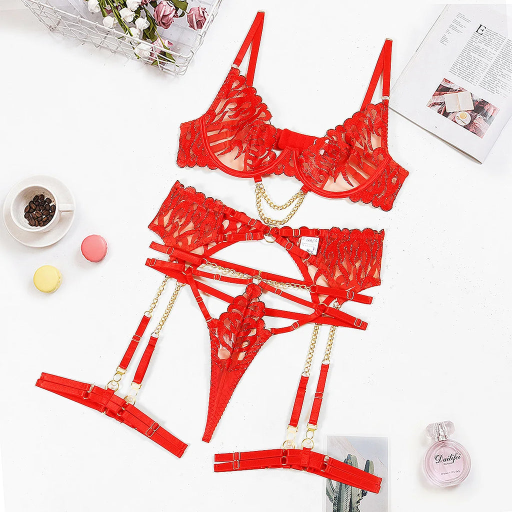 Women’s 3 Piece Lingerie Set Bra Belt Thong Deep V-Neck with Leg Circles Intimate Underwear