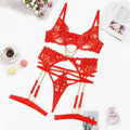 Women’s 3 Piece Lingerie Set Bra Belt Thong Deep V-Neck with Leg Circles Intimate Underwear