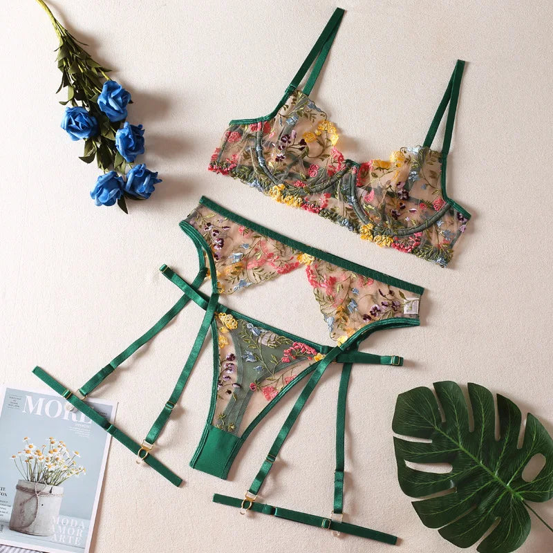 Sexy Lace Embroidery 3-Piece Lingerie Set