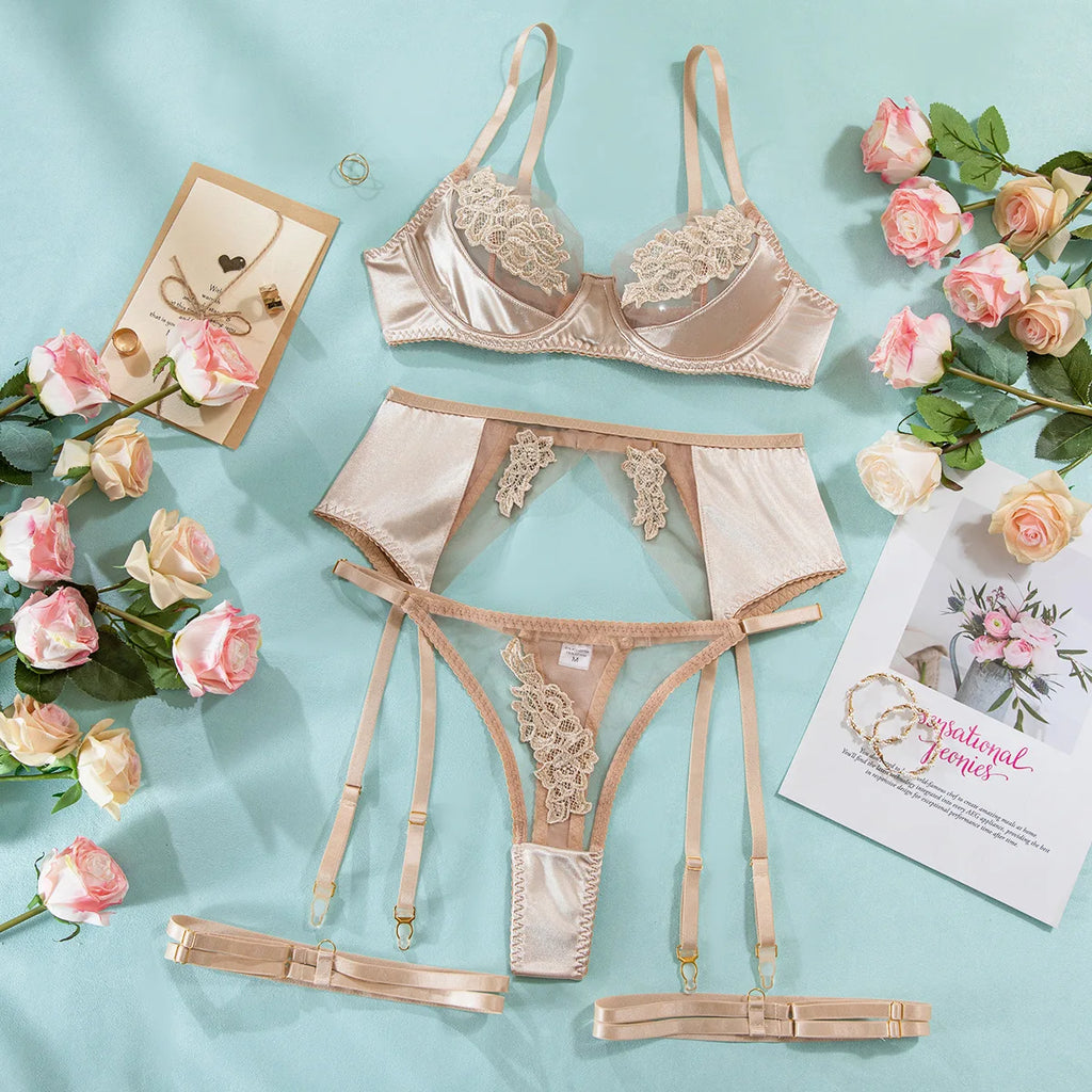 Floral Lace Lingerie Set with Suspenders