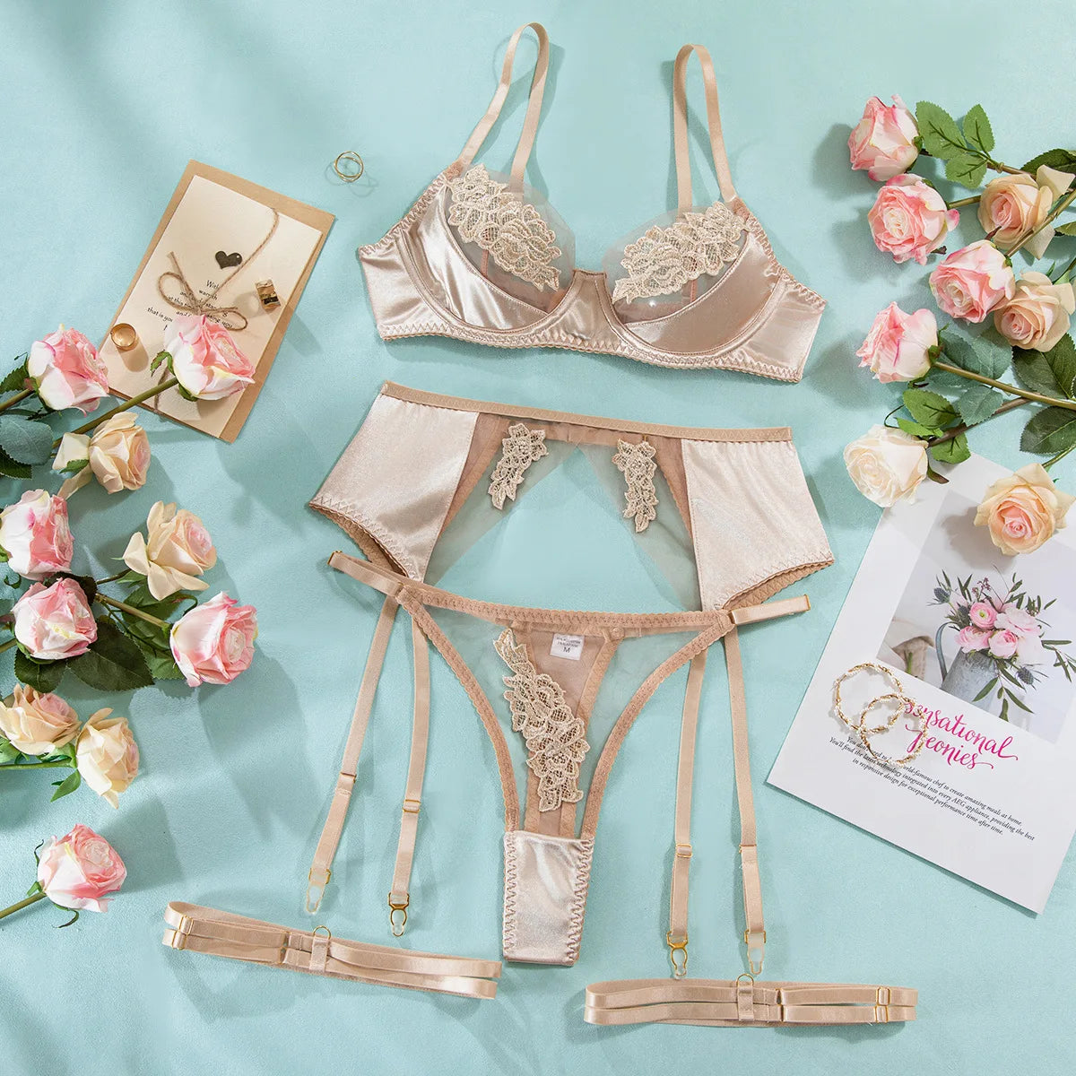 Floral Lace Lingerie Set with Suspenders