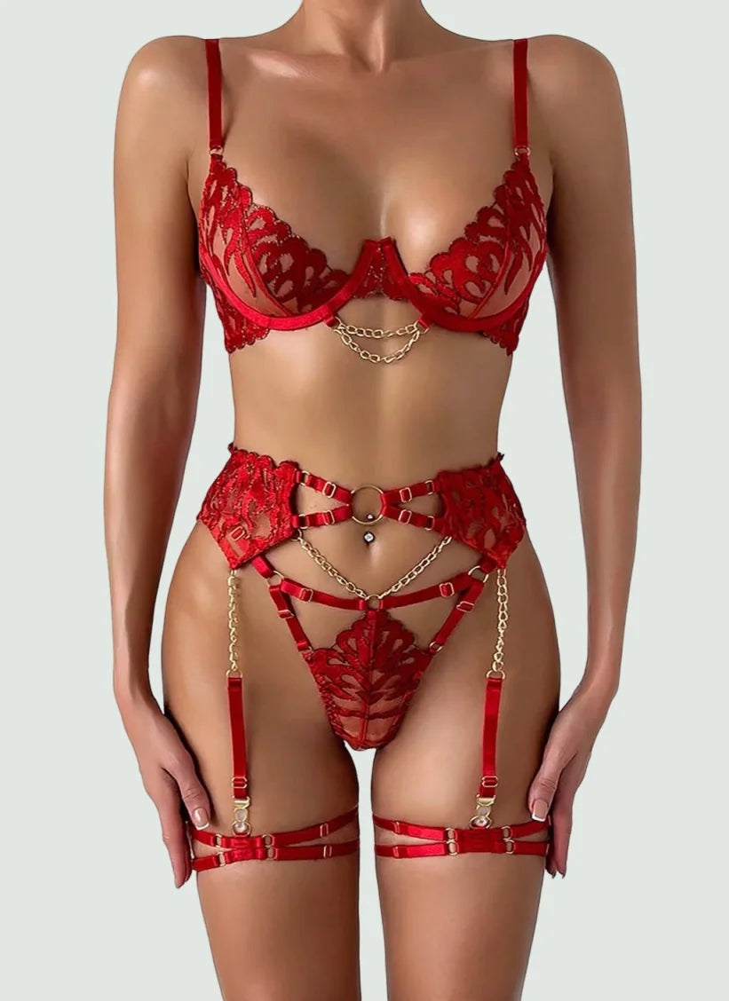Women’s 3 Piece Lingerie Set Bra Belt Thong Deep V-Neck with Leg Circles Intimate Underwear