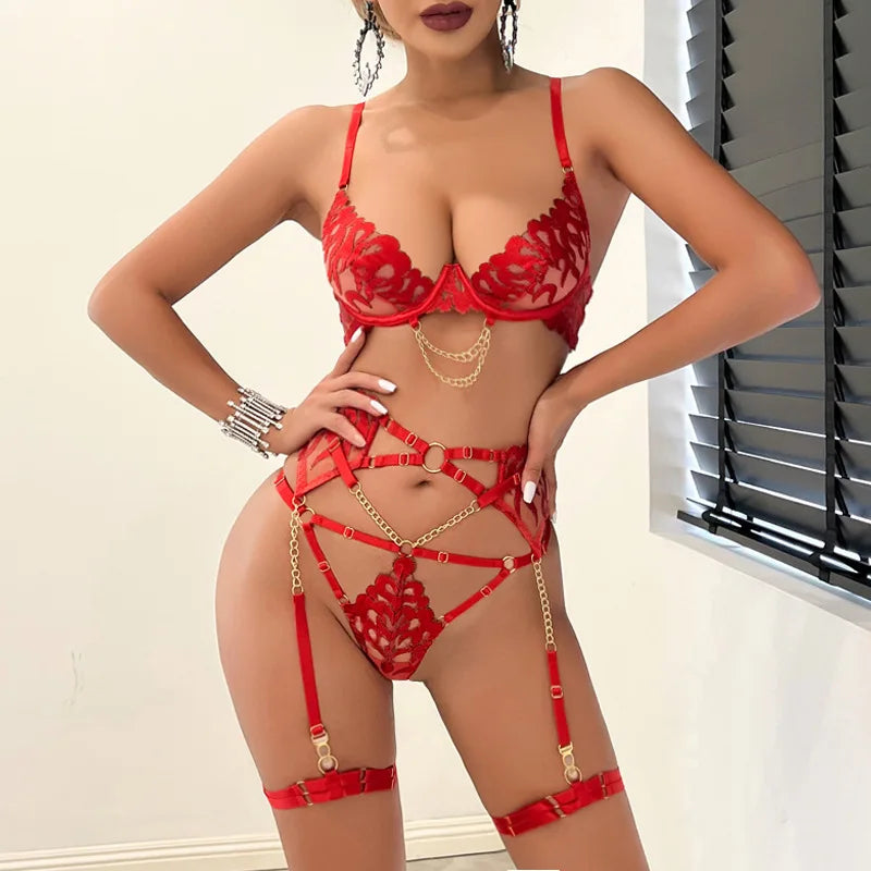 Women’s 3 Piece Lingerie Set Bra Belt Thong Deep V-Neck with Leg Circles Intimate Underwear
