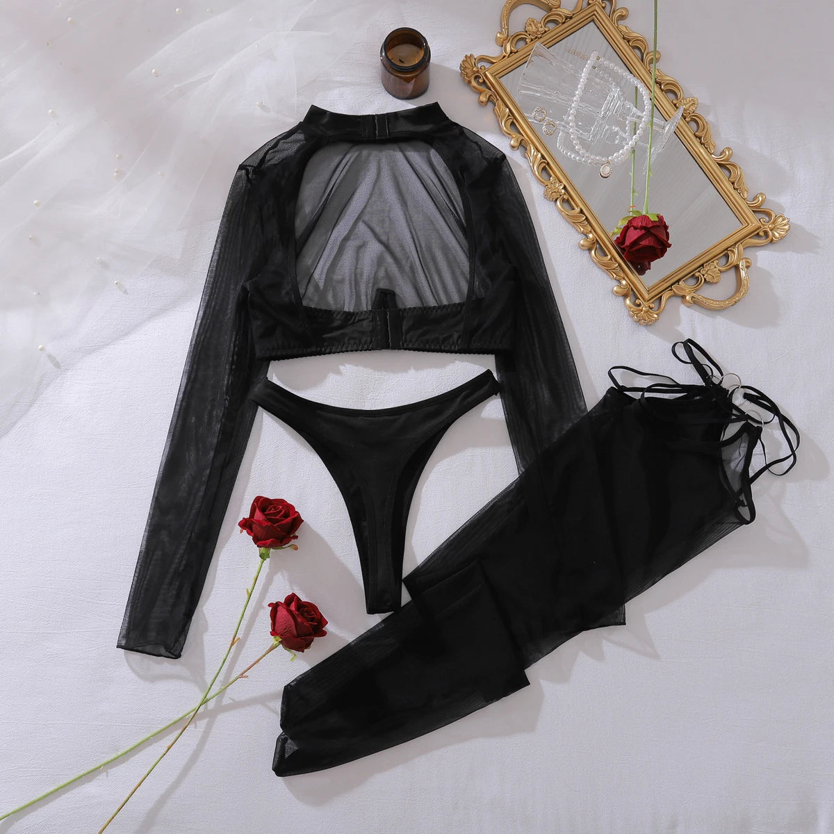 Women’s Sheer Backless Lingerie Set Long Sleeve Mesh Bodysuit with Stockings