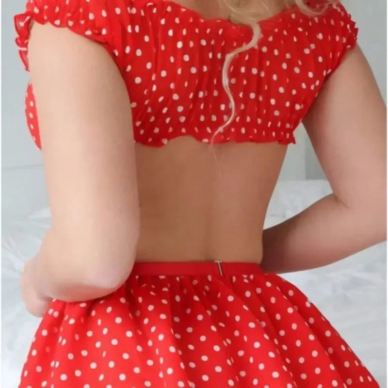 Polka Dot Off-Shoulder Lingerie Set with Garter Skirt – Sexy Short Skirt Outfit