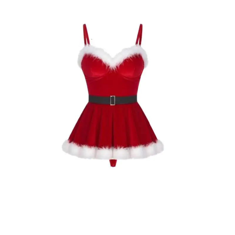 Party Rave Dress Up Women Christmas Costume Faux Fur Trim Red Flannel Underwired Bra Corset Sexy Camisole Dress