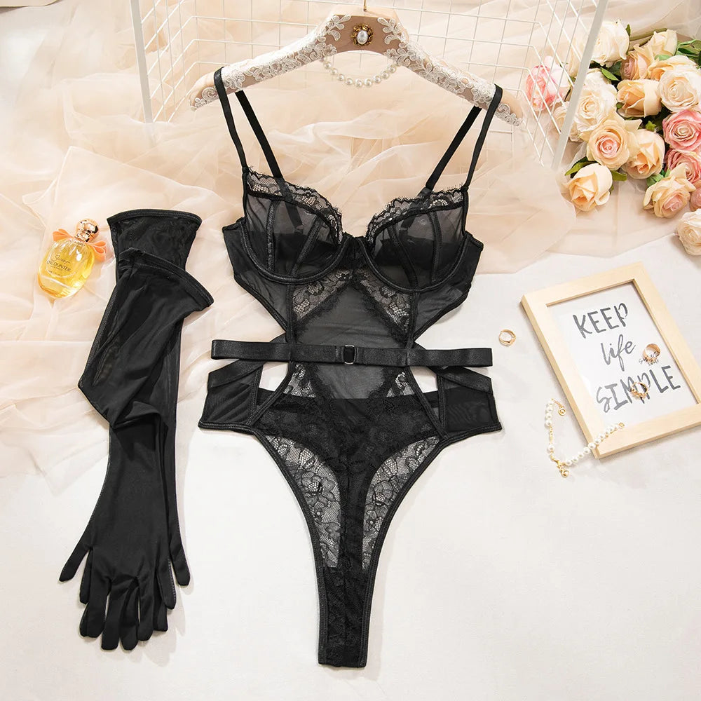 Elegant Lace Bodysuit Lingerie Set with Gloves for Women
