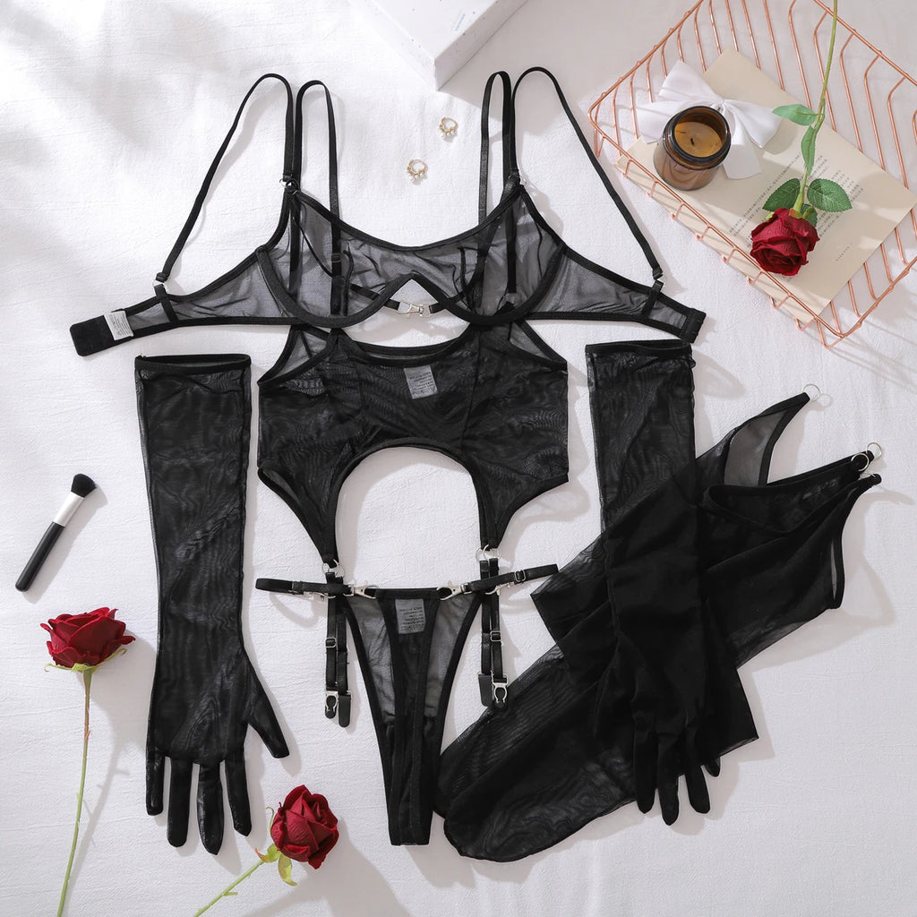 Sheer 3-Piece Lingerie Set with Stockings