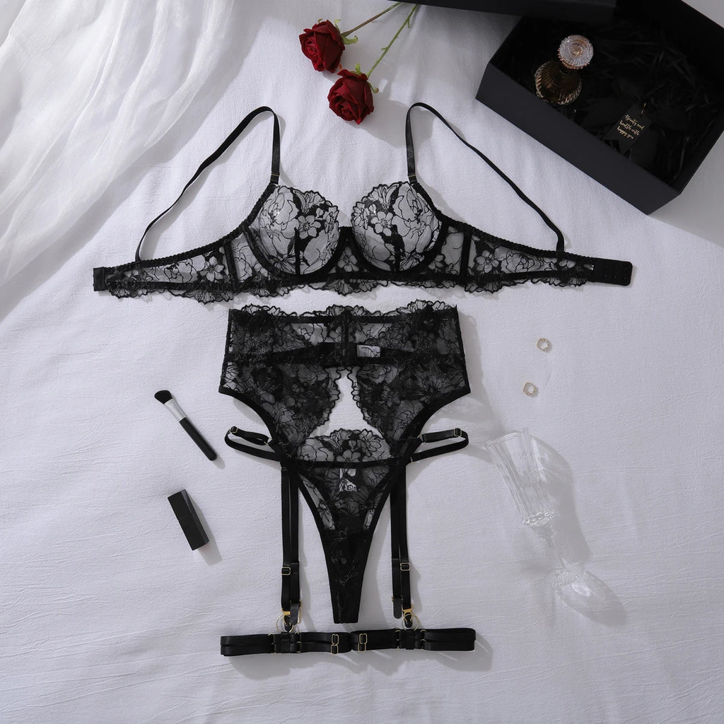 Sexy Women’s Lace Embroidered 4-Piece Lingerie Set Sheer Backless Close-Fitting Summer Style