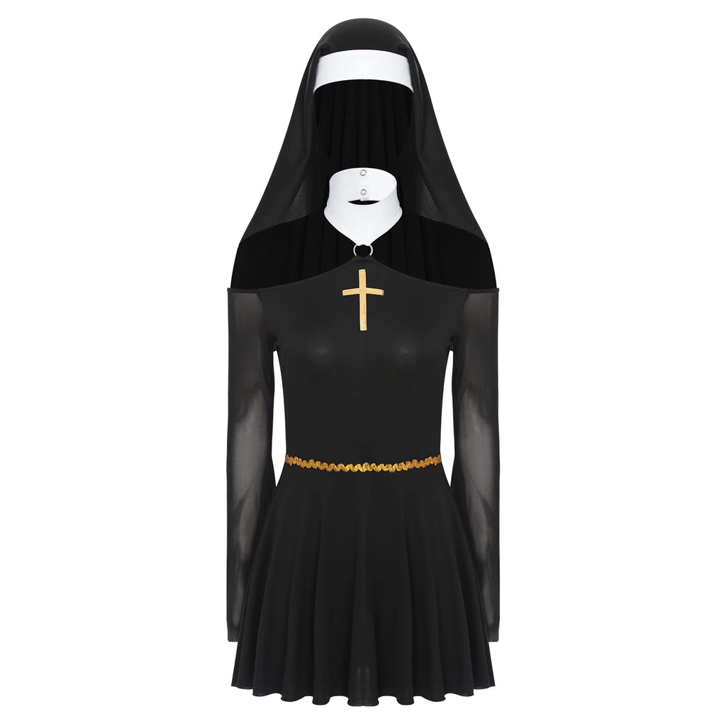 Sexy Nun Cosplay Dress with Coif & Mesh Detail