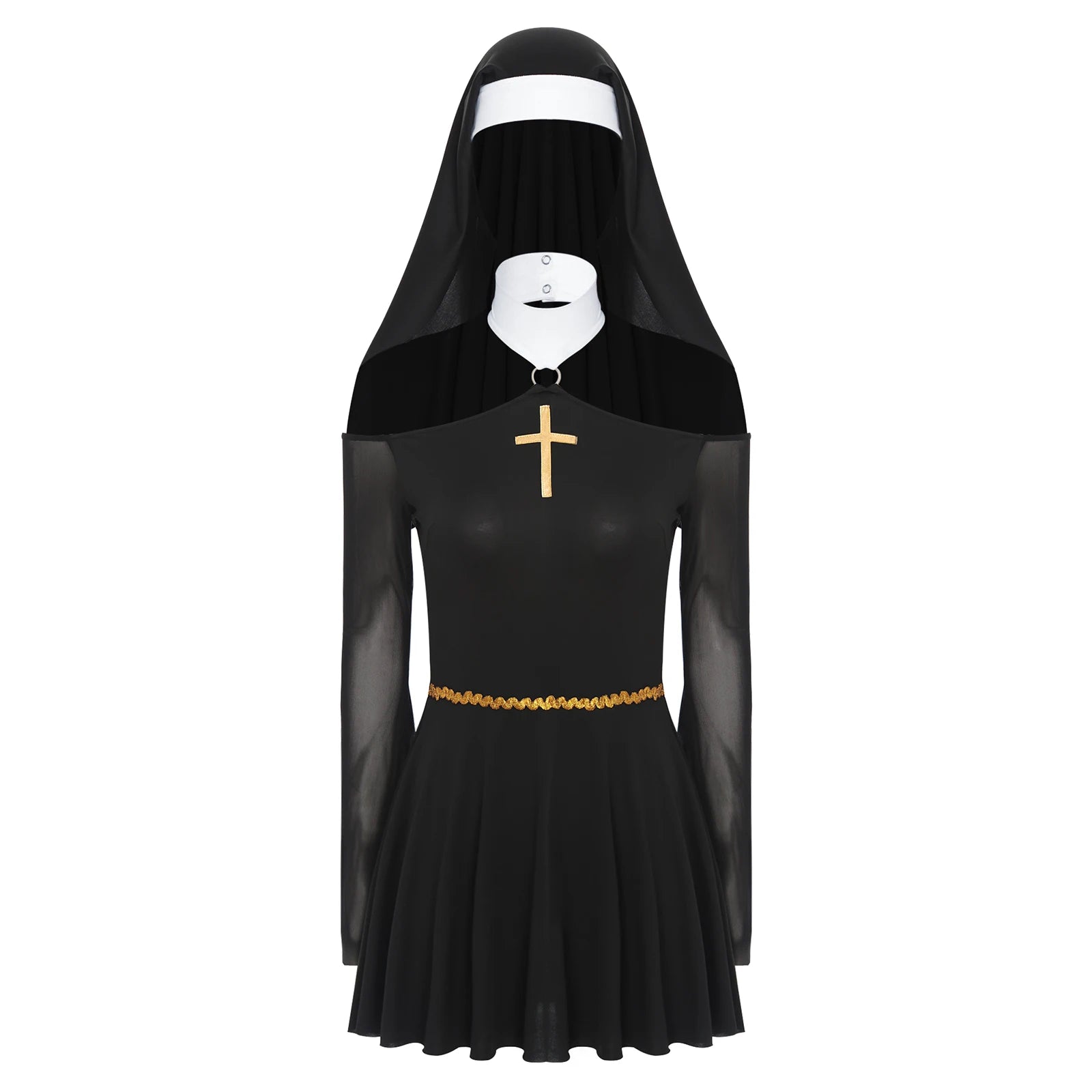 Sexy Nun Cosplay Dress with Coif & Mesh Detail