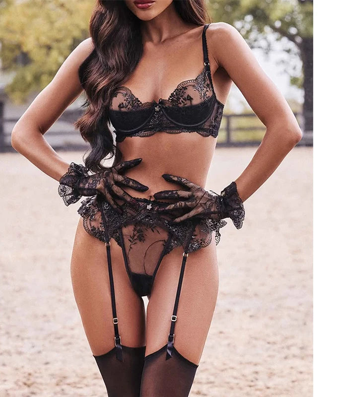 Honey 3-Piece Lingerie Set with Gloves & Stockings