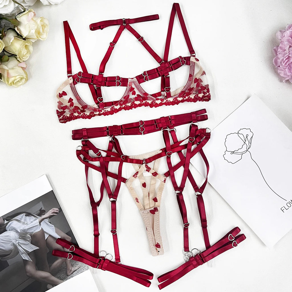 Open Push-Up Lingerie Set – Heart-Shaped Embroidery Exotic Bra & Matching Underwear