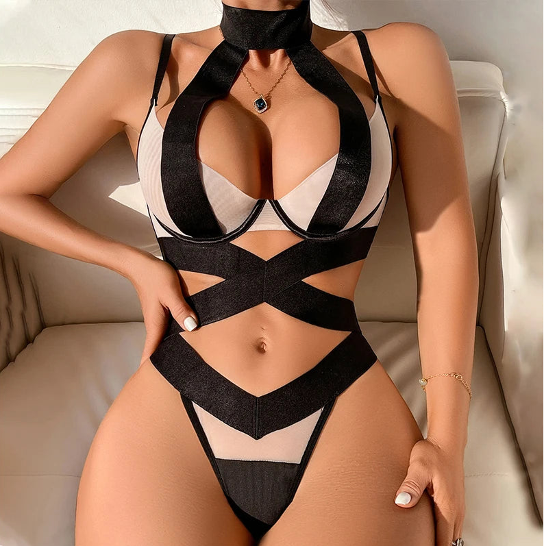 Splicing Mesh Crossover Lingerie Set – See-Through Hollow Back Two-Piece Set