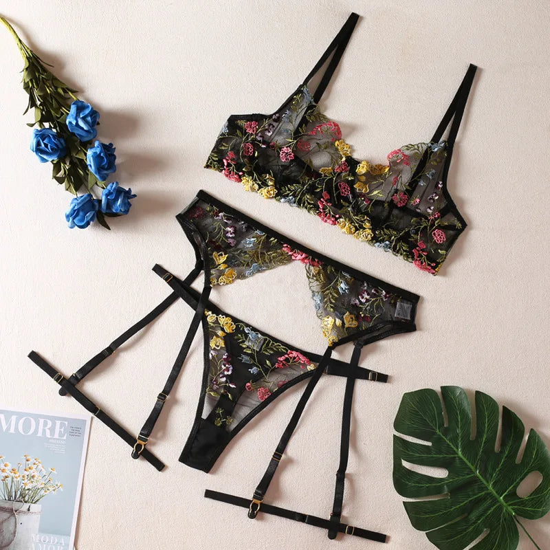 Sexy Lace Embroidery 3-Piece Lingerie Set