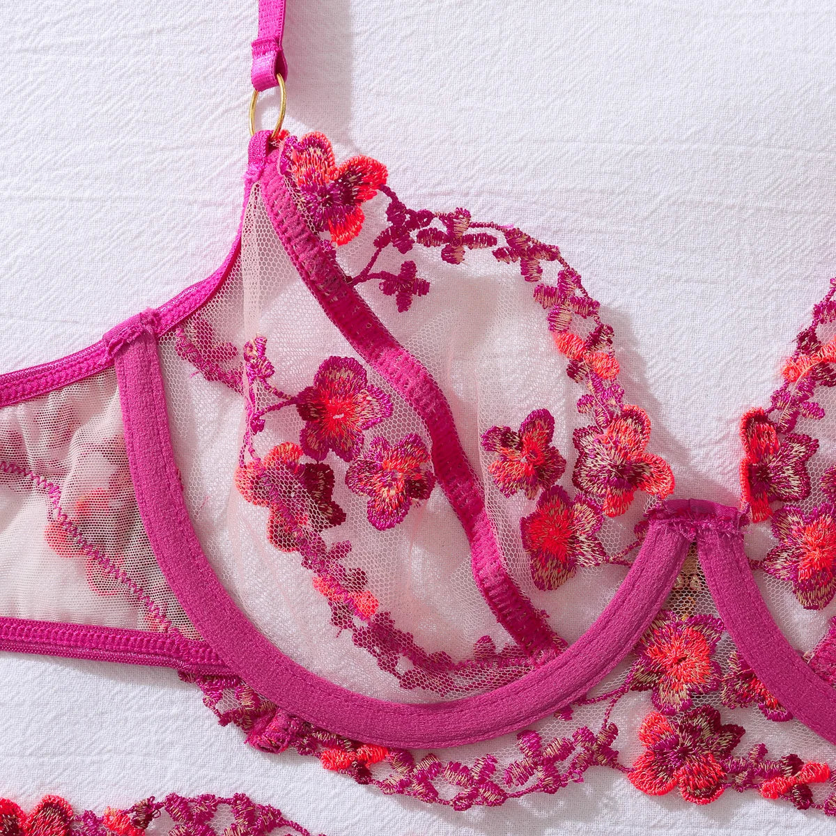 Embroidered Mesh Lingerie Set – Bra, Garter Belt & Thong